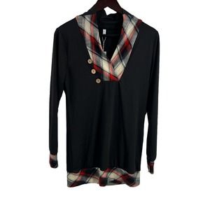 DressFo Black Long Sleeve Tunic Plaid Collar Size XL New